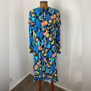 TopShop Women’s Tie Neck Keyhole Ruffled Floral Midi Dress 12 Vibrant Jersey Exc